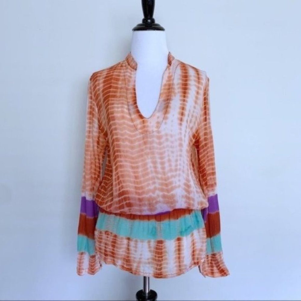 Monique Leshman Tie Dyed Orange Purple Aqua Boho Drawstring Tunic Medium - Picture 2 of 10